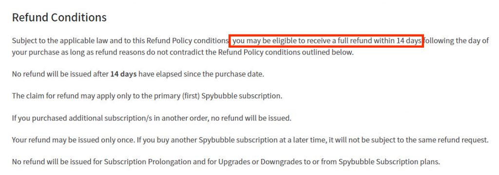 spybubble refund policy